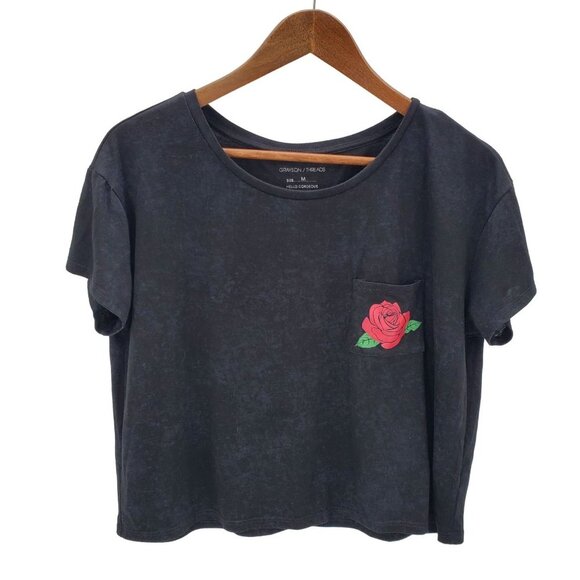 Grayson Threads Juniors Rose Pocket Crop Top Tee T-Shirt Size M Short Sleeve - Picture 3 of 12